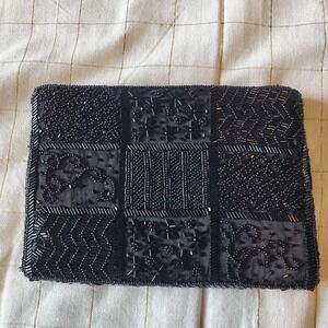 Vintage Carolyne Barton Nore Black Glass Beaded Evening Clutch Hollywood Glamour